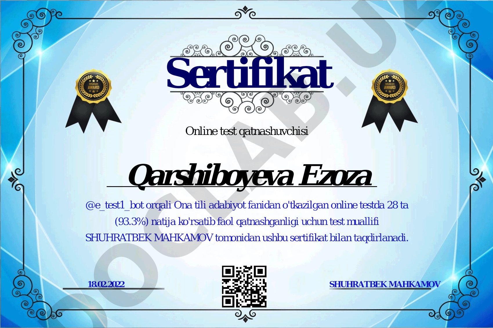 Ona tili adabiyot fanidan online test sertifikatlari