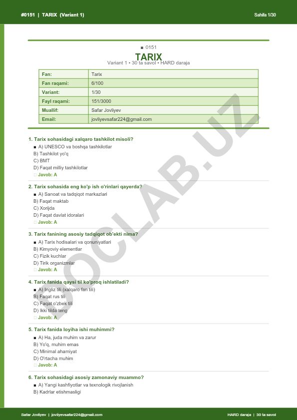 Tarix fanidan 30 ta savolli test variant 1