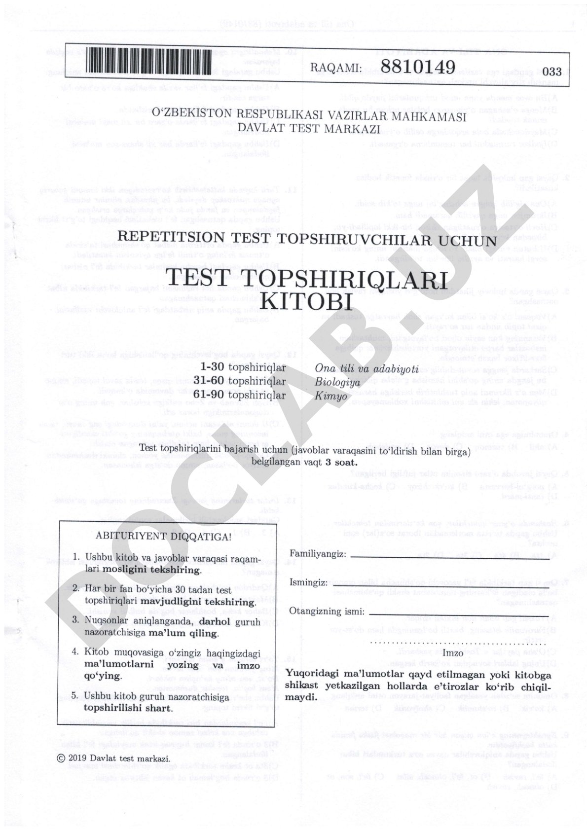 Ona tili va adabiyoti test topshiriqlari kitobi