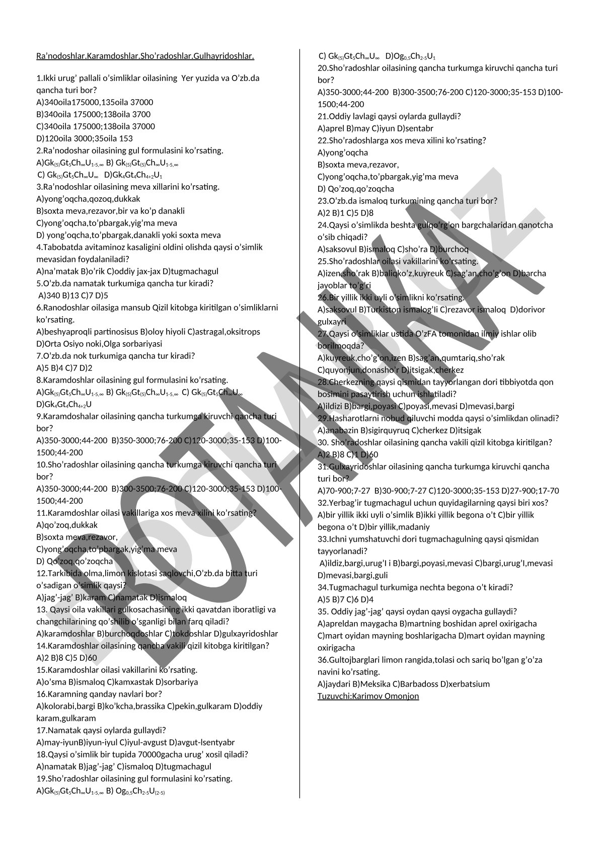 Ra'nodoshlar va karamdoshlar oilasiga oid test savollari