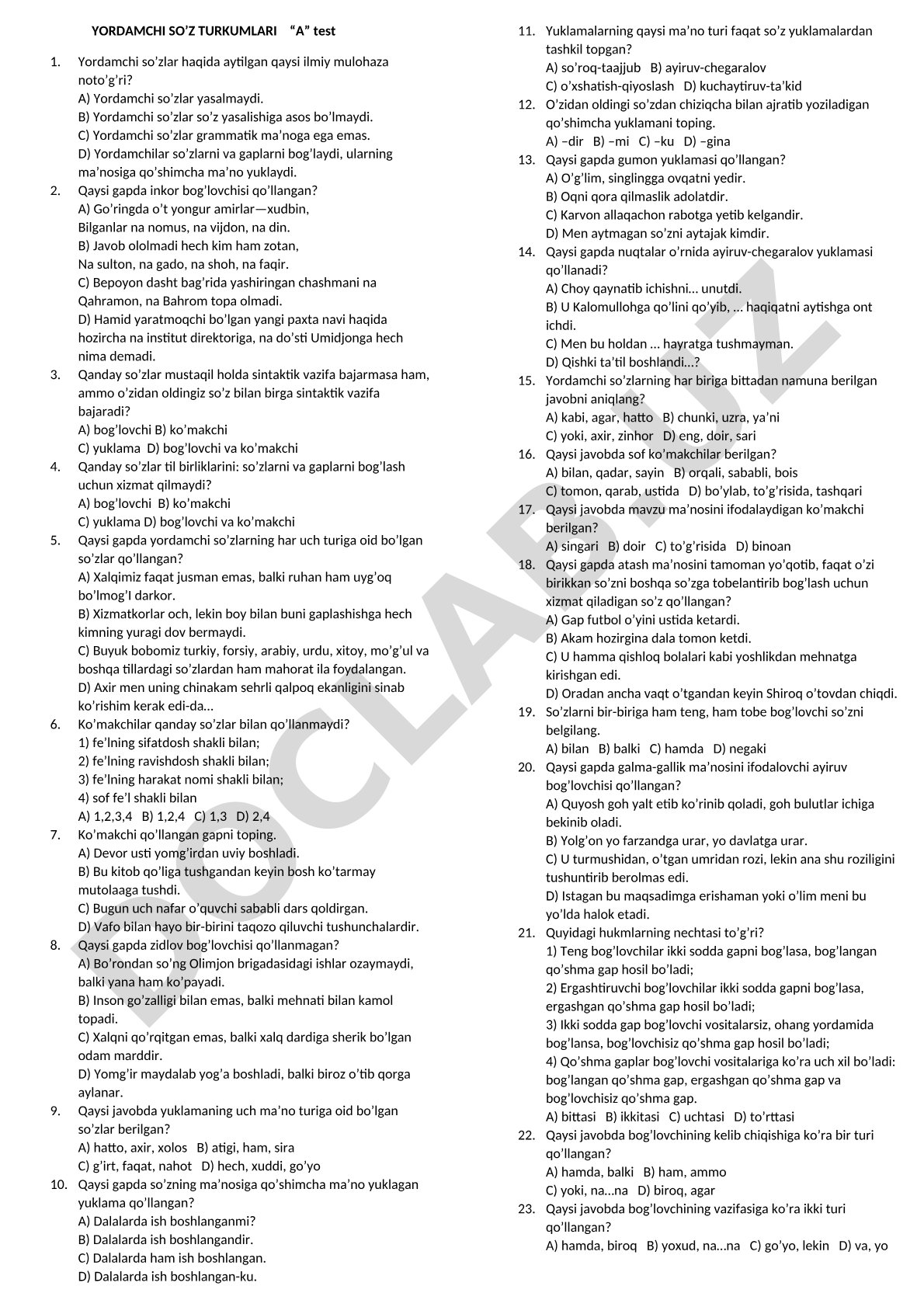 Yordamchi so'z turkumlari test