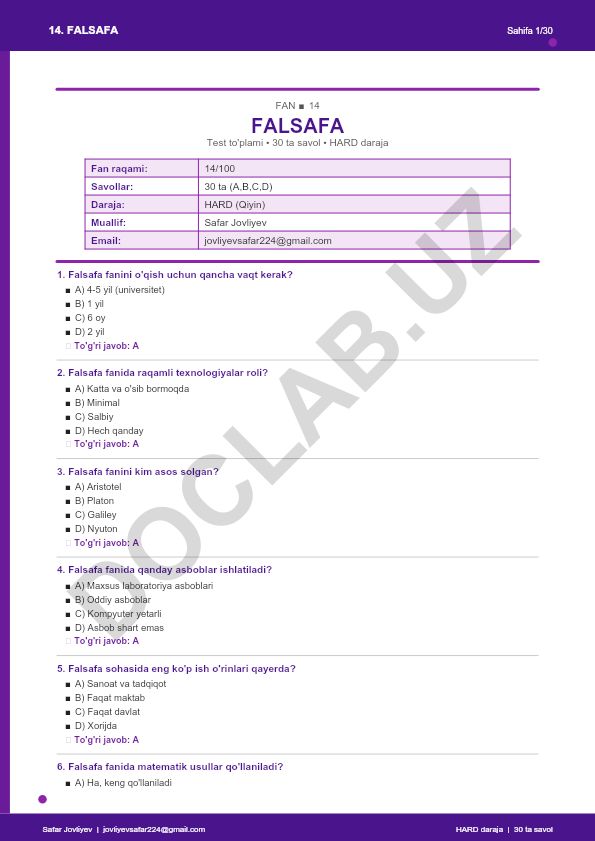 Falsafa faniga oid test to'plami