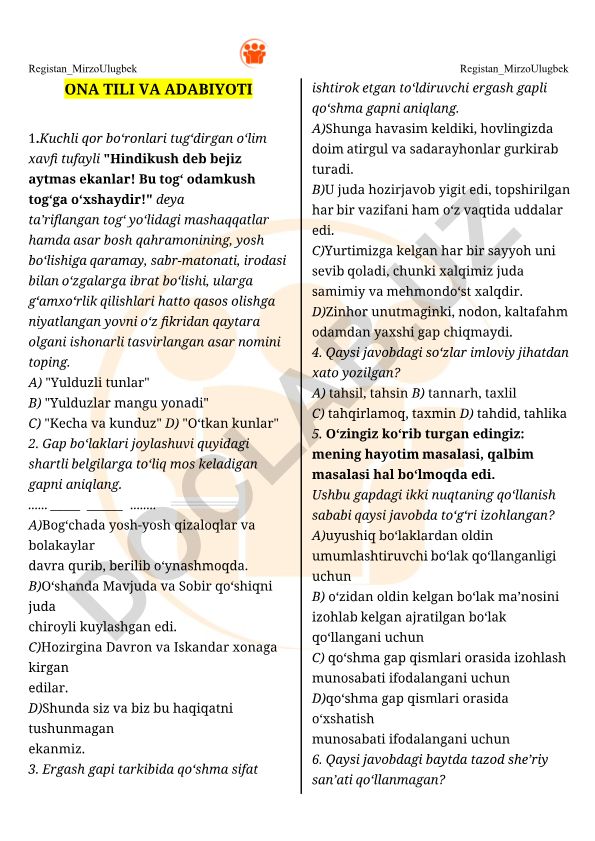 Ona tili va adabiyoti test savollari