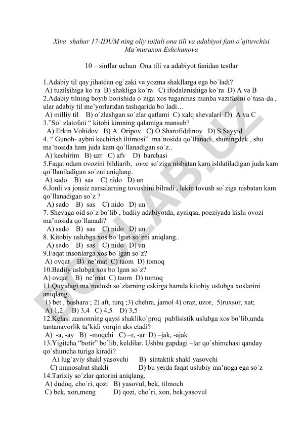 Ona tili va adabiyot fanidan test savollari