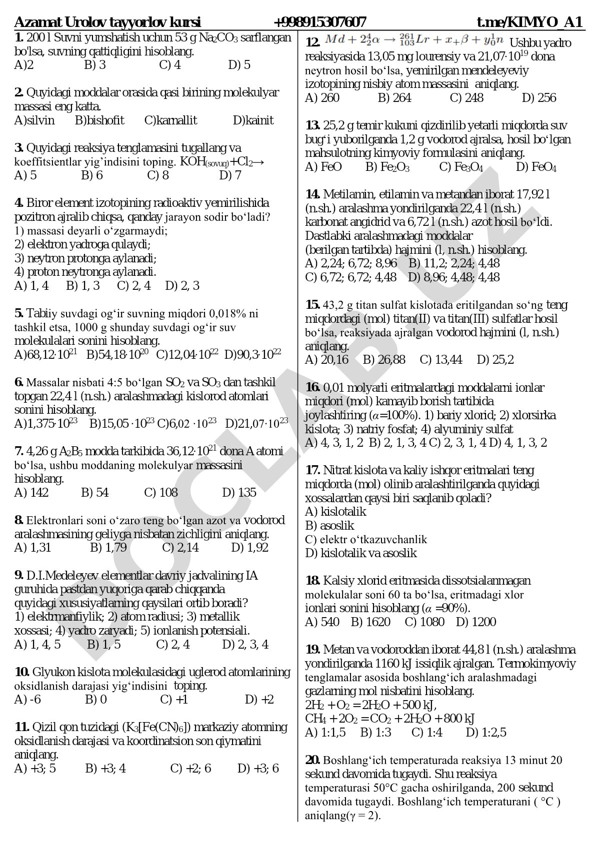 Kimyo masalalari to'plami