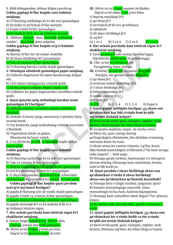 O'zbek tili fe'llar va grammatik tuzilmalar testi