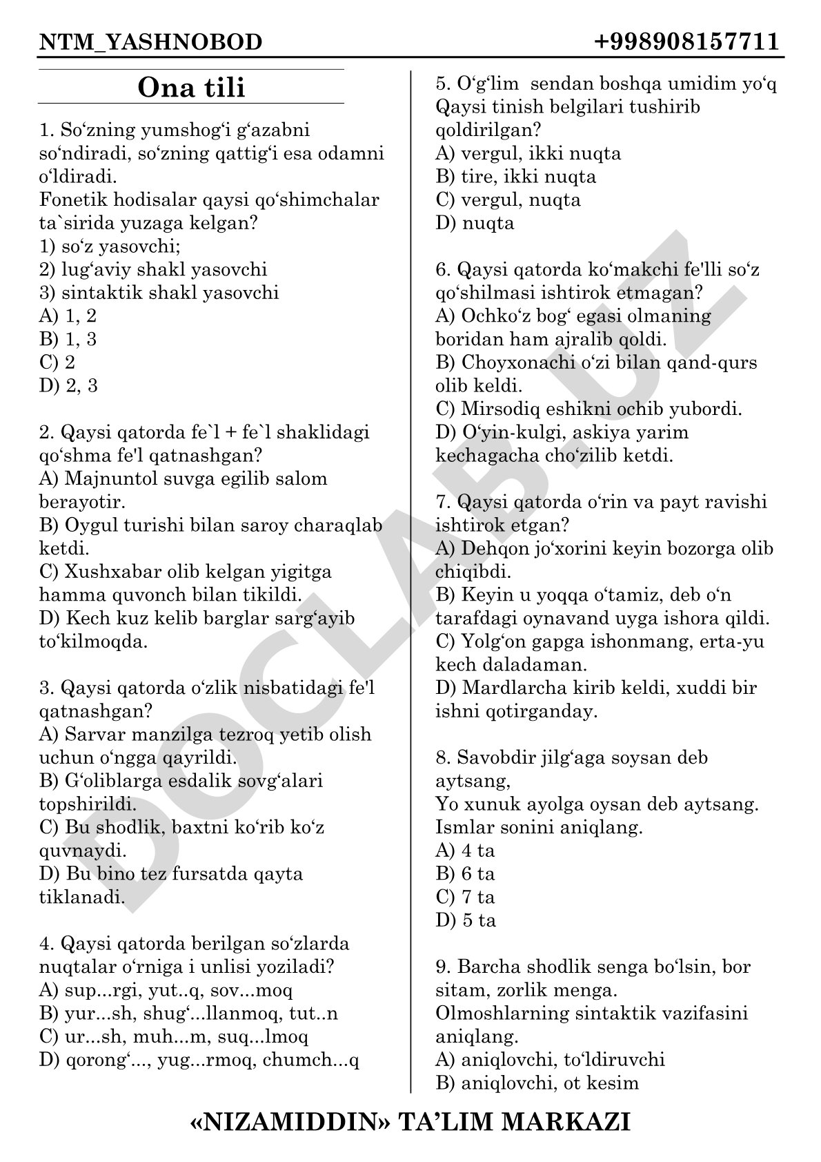 Fonetik hodisalar va tilshunoslik test savollari