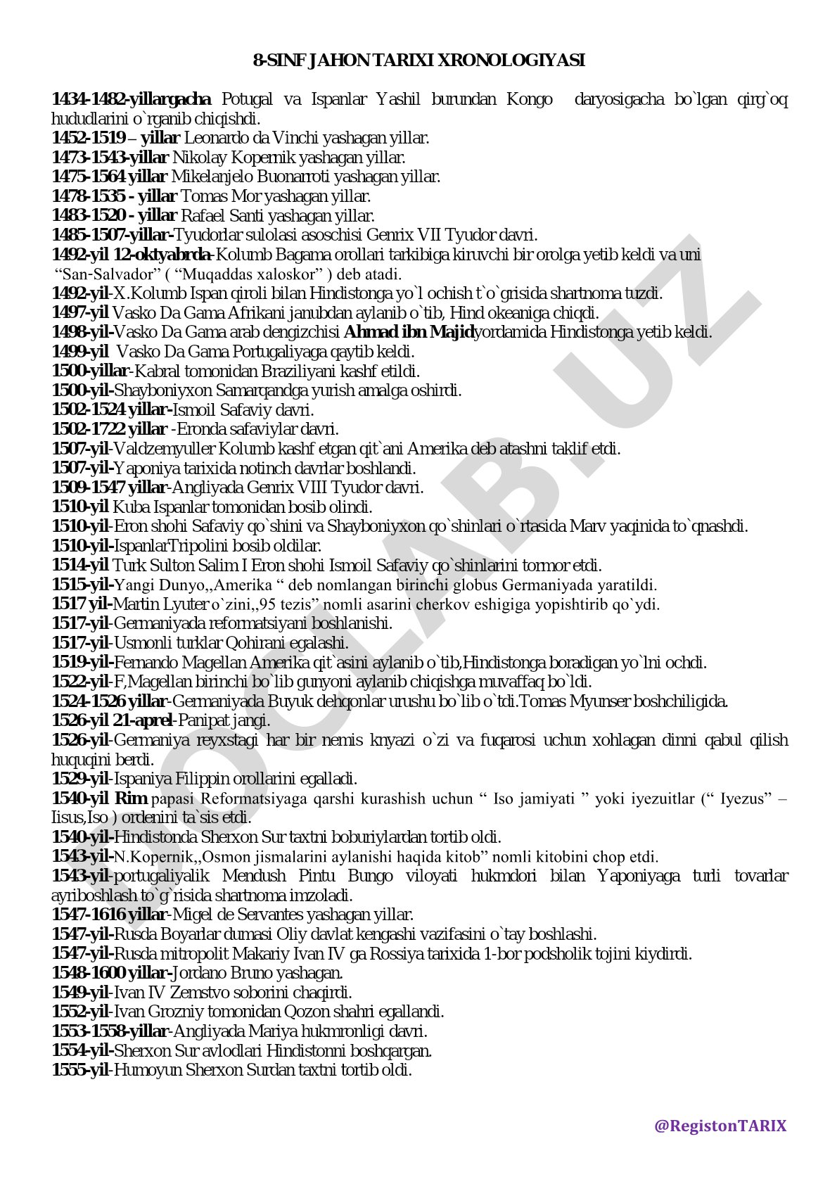 8-sinf Jahon tarixi xronologiyasi (1434-1507)