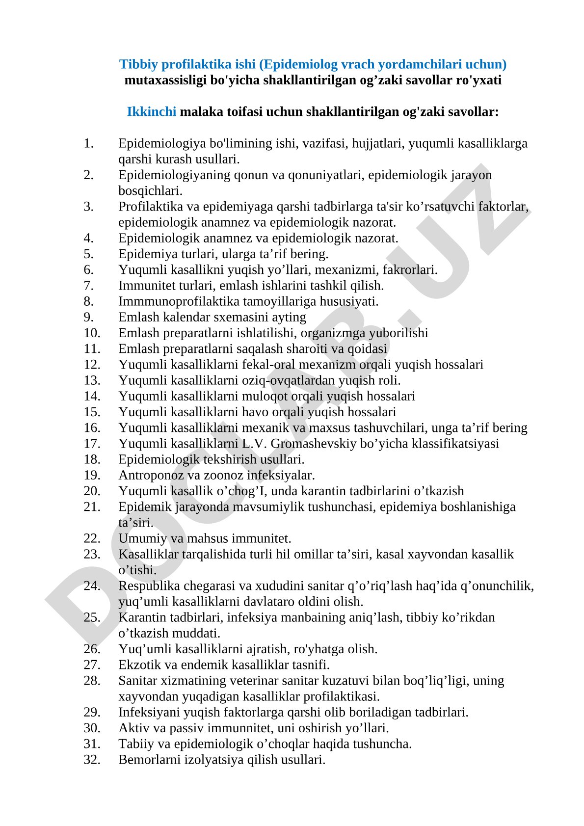 Tibbiy profilaktika ishi bo'yicha og'zaki savollar ro'yxati