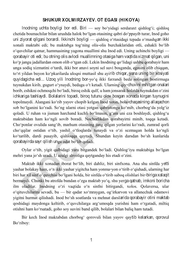 Shukur Xolmirzayevning "Ot egasi" hikoyasi