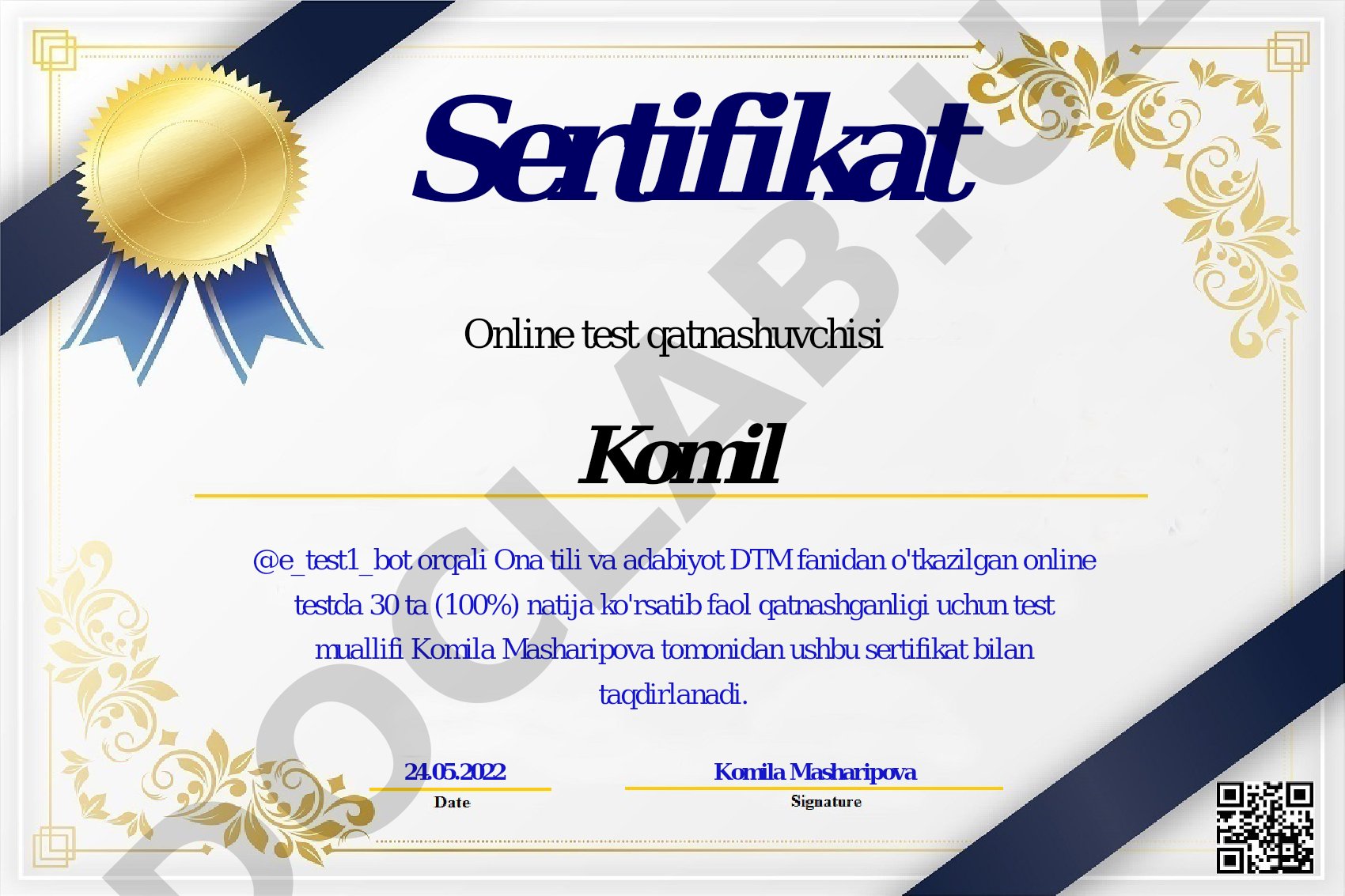 Ona tili va adabiyot DTM fanidan online test sertifikati