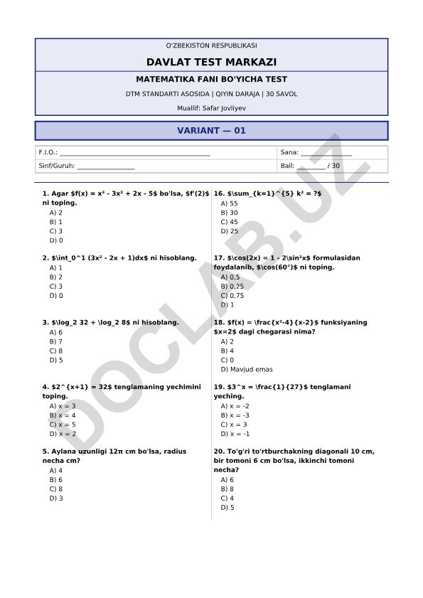 Matematika fanidan DTM standarti asosida test savollari