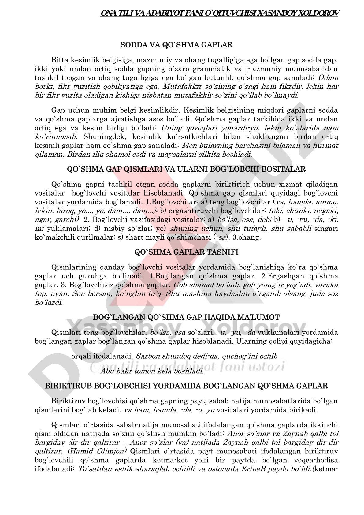 Ona tili va adabiyot fani o'qituvchisi Xasanboy Xoldorov sodda va qo'shma gaplar