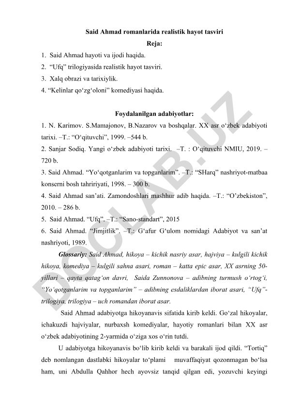 Said Ahmad romanlarida realistik hayot tasviri