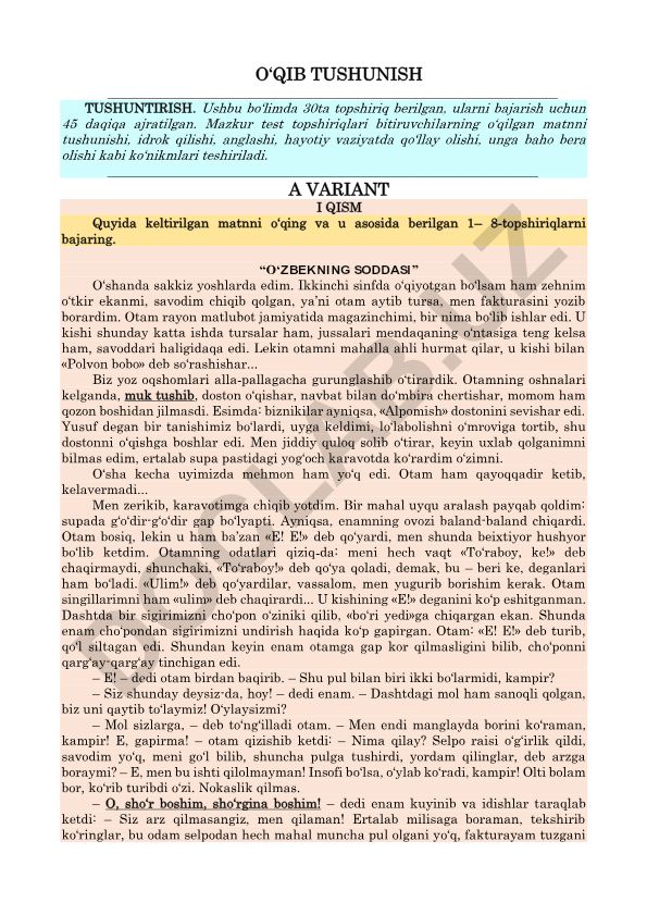 O‘zbekning soddasi matni asosida o‘qib tushunish test topshiriqlari