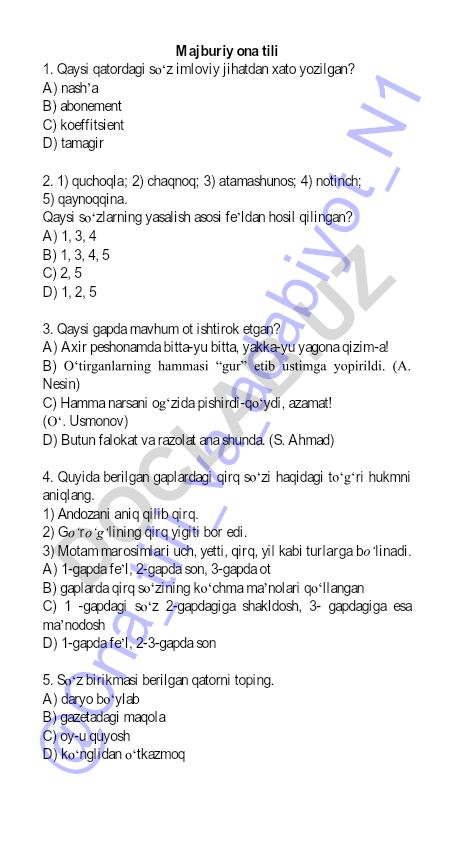 Majburiy ona tili test savollari