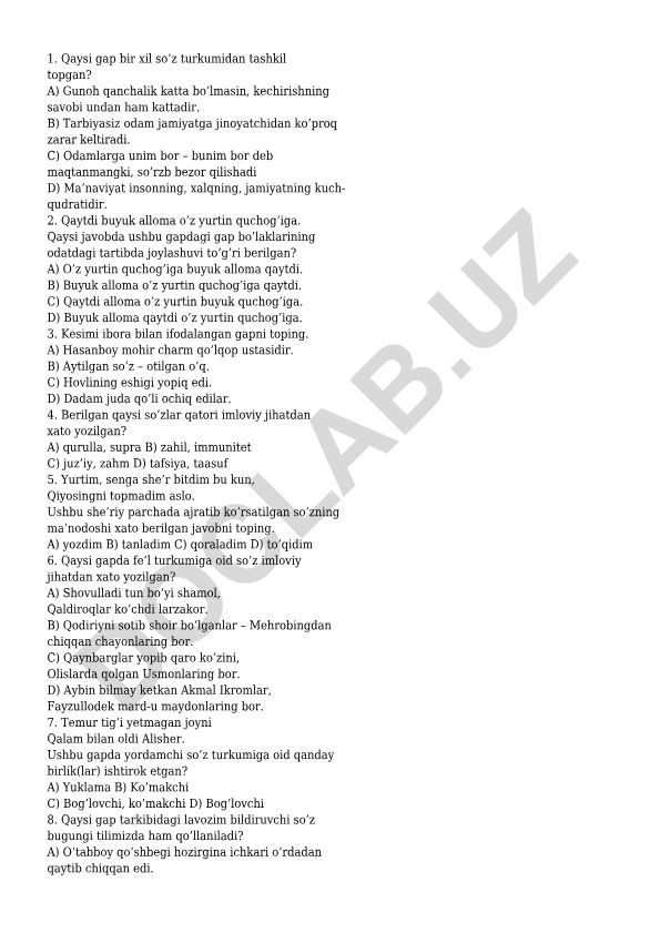 O'zbek tili test savollari va javoblari