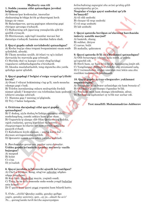 Ona tili test savollari va javoblari