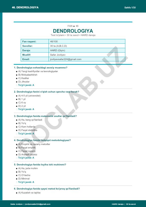 Dendrologiya fanidan test to'plami