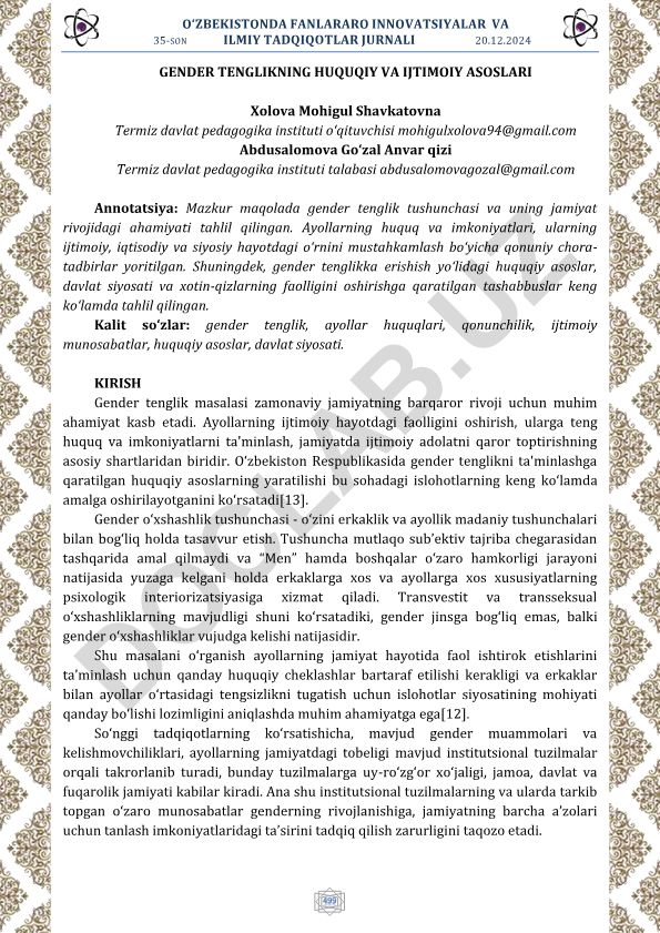 Gender tenglikning huquqiy va ijtimoiy asoslari