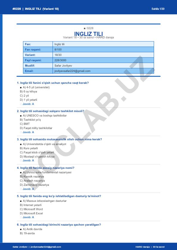 Ingliz tili fanidan test savollari (Variant 18)