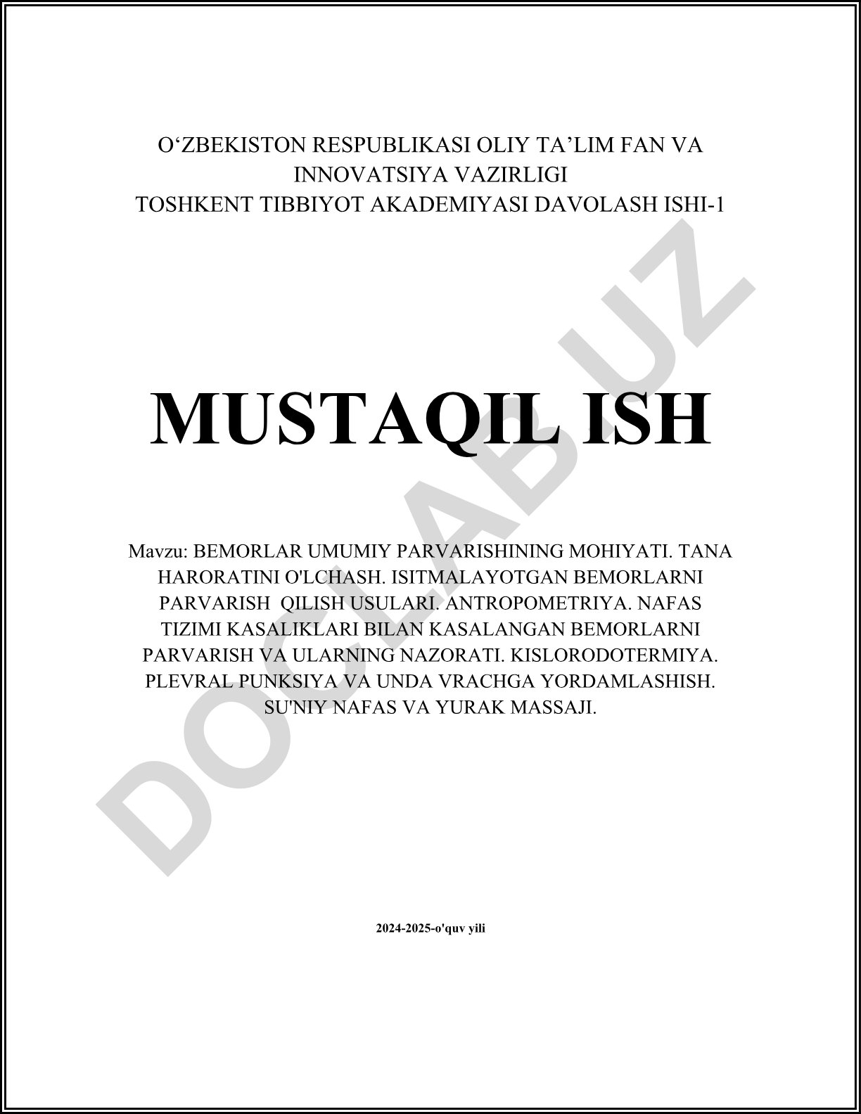 Bemorlar umumiy parvarishining mohiyati. Tana haroratini o'lchash. Isitmalayotgan bemorlarni parvarish qilish usullari. Antropometriya. Nafas tizimi kasalliklari bilan kasallangan bemorlarni parvarish va ularning nazorati. Kislorodoterapiya. Plevral punksiya va unda vrachga yordamlashish. Su'niy nafas va yurak massaji