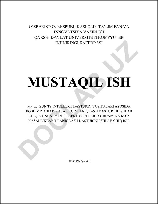 Sun'iy intellekt dasturiy vositalari asosida bosh miya rak kasalligini aniqlash dasturini ishlab chiqish