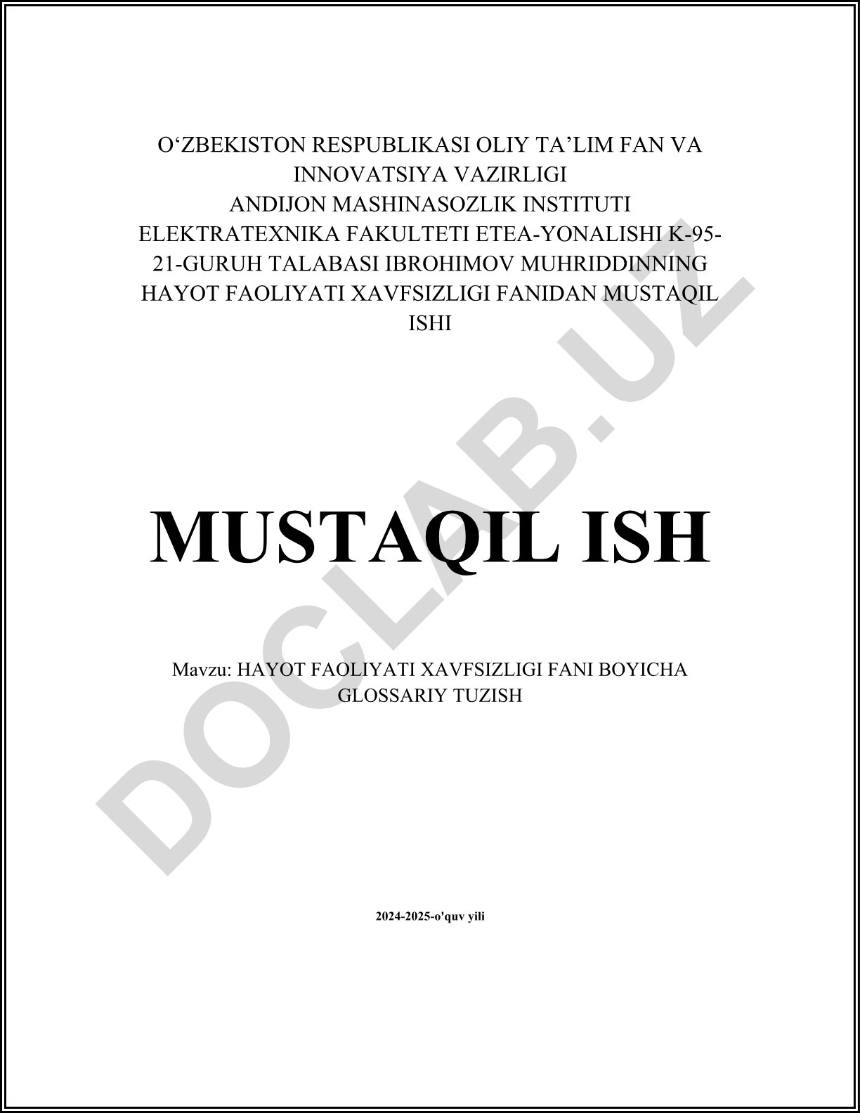 Hayot faoliyati xavfsizligi fani bo'yicha glossariy tuzish