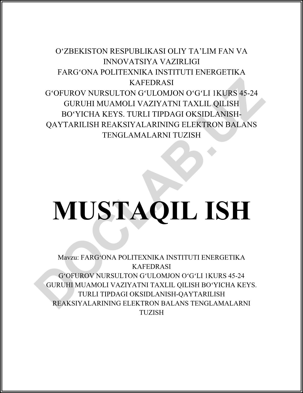 Oksidlanish-qaytarilish reaksiyalarining elektron balans tenglamalarini tuzish