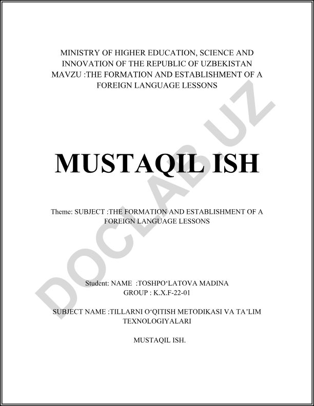 THE FORMATION AND ESTABLISHMENT OF A FOREIGN LANGUAGE LESSONS