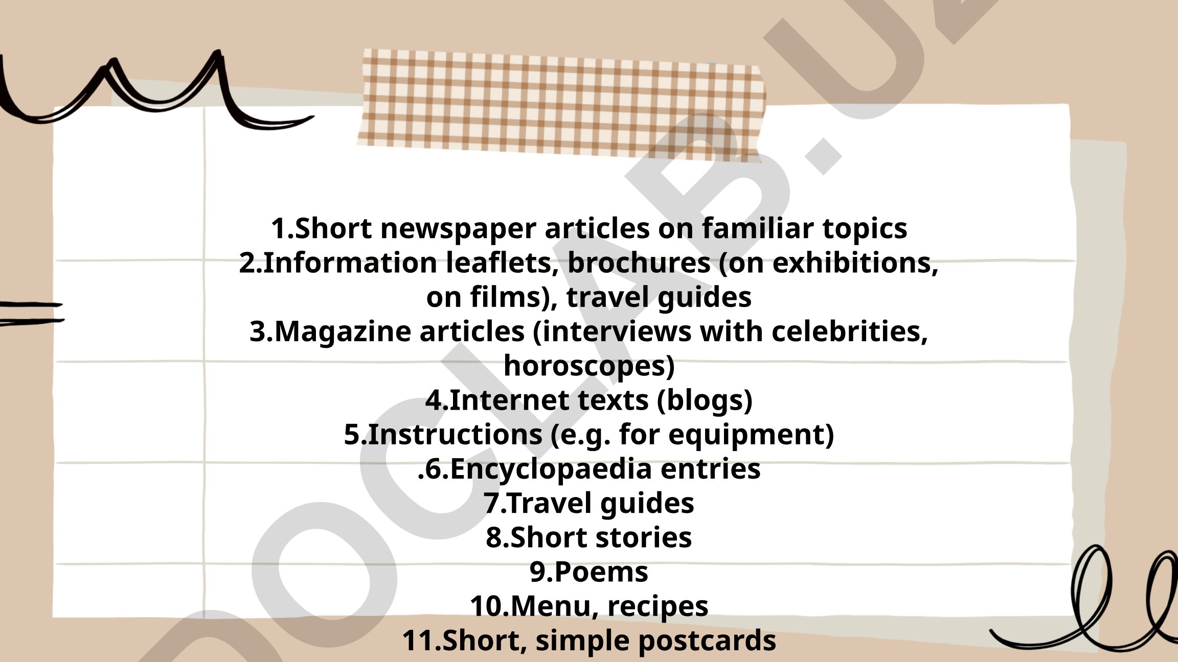 Short texts on various everyday topics and formats