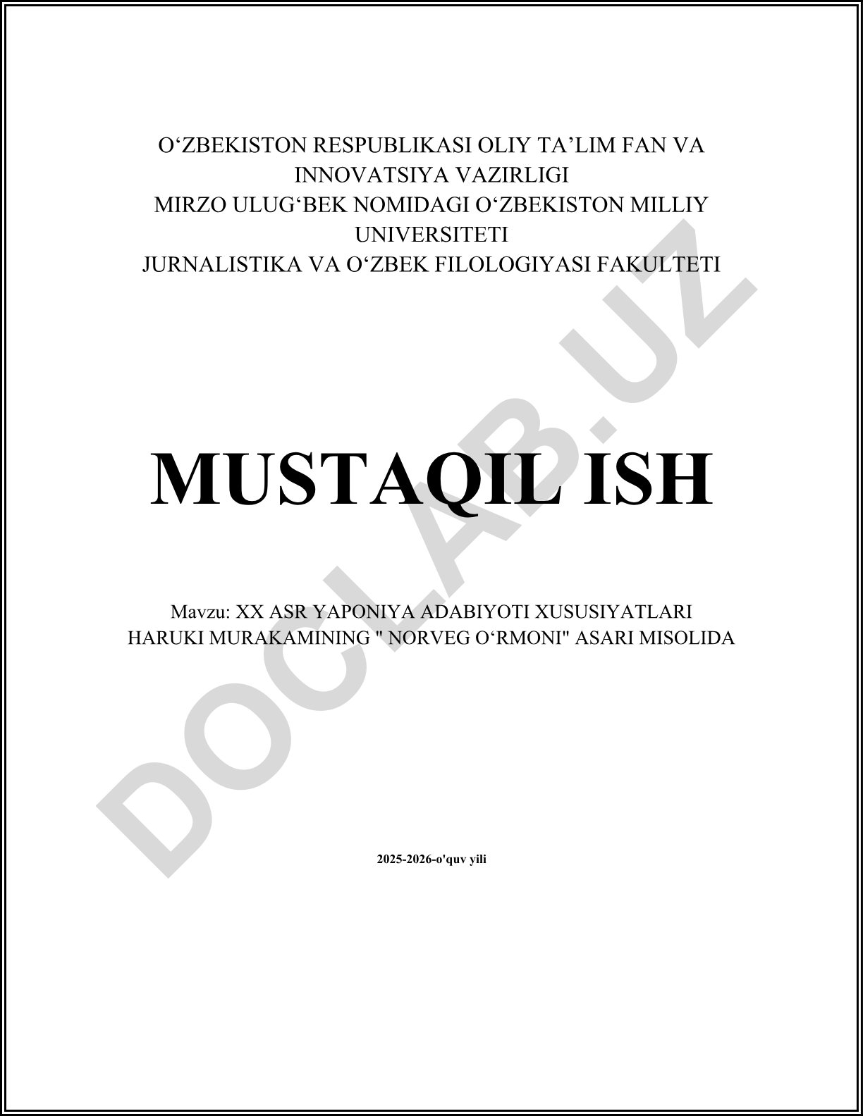 XX asr Yaponiya adabiyoti xususiyatlari Haruki Murakamining "Norveg o'rmoni" asari misolida