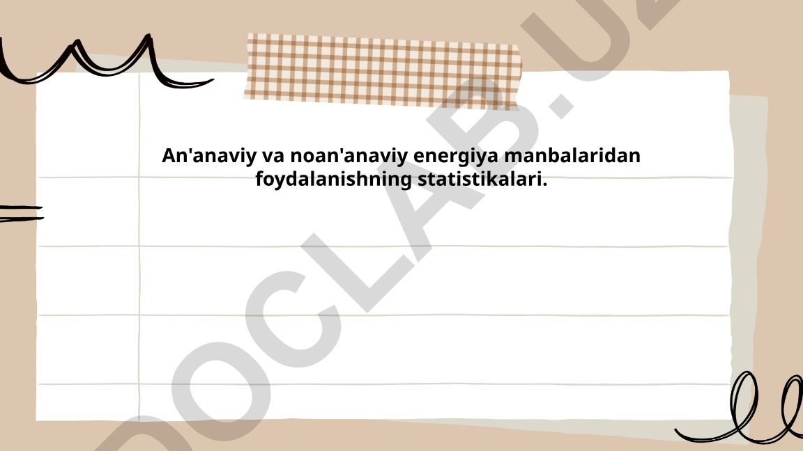 An'anaviy va noan'anaviy energiya manbalaridan foydalanishning statistikalari