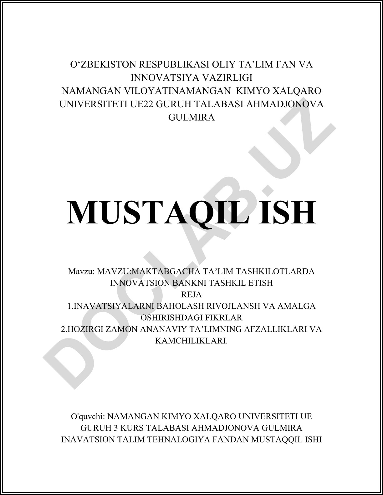 Maktabgacha taʼlim tashkilotlarida innovatsion bankni tashkil etish