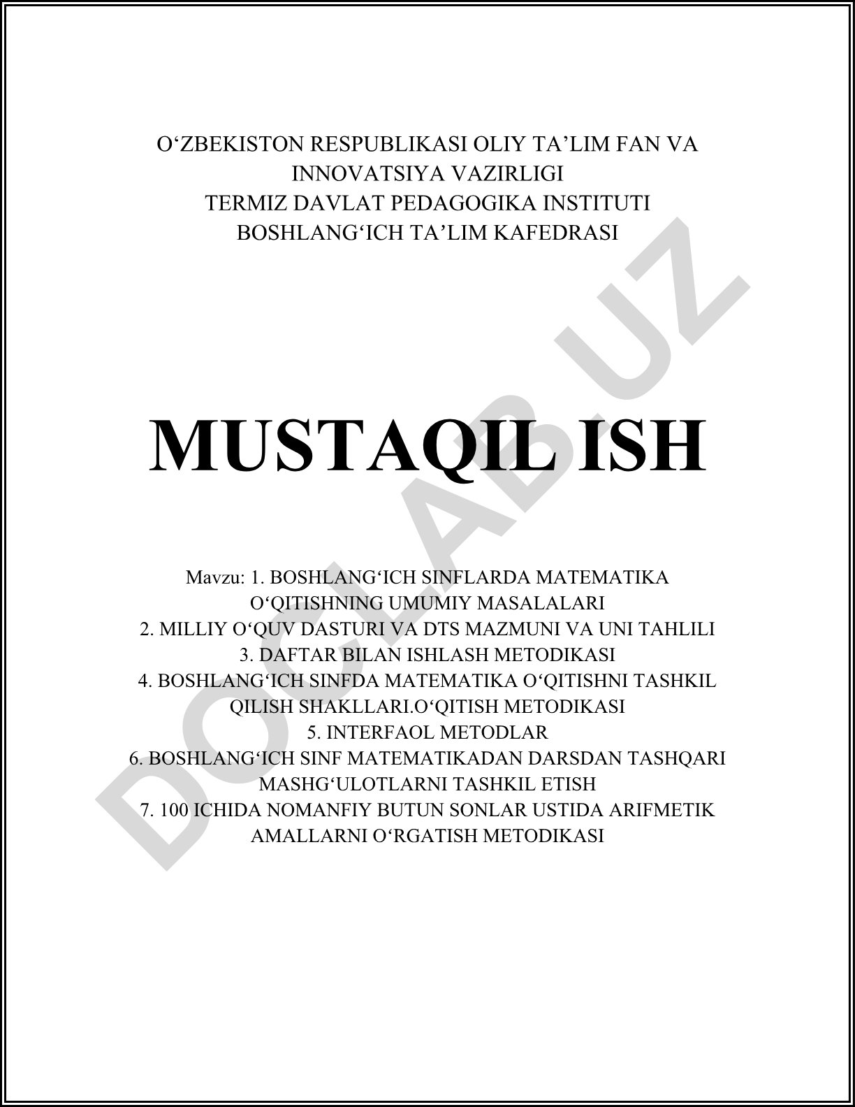 Boshlang'ich sinflarda matematika o'qitishning umumiy masalalari va metodikasi