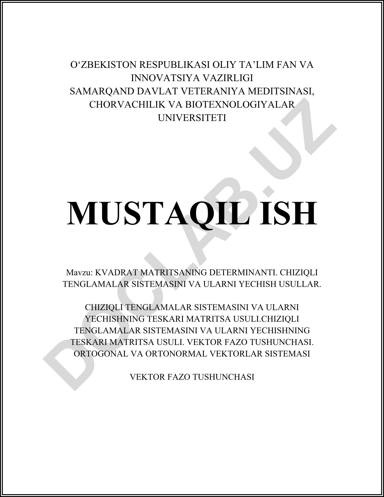 Kvadrat matritsaning determinanti va chiziqli tenglamalar sistemasi