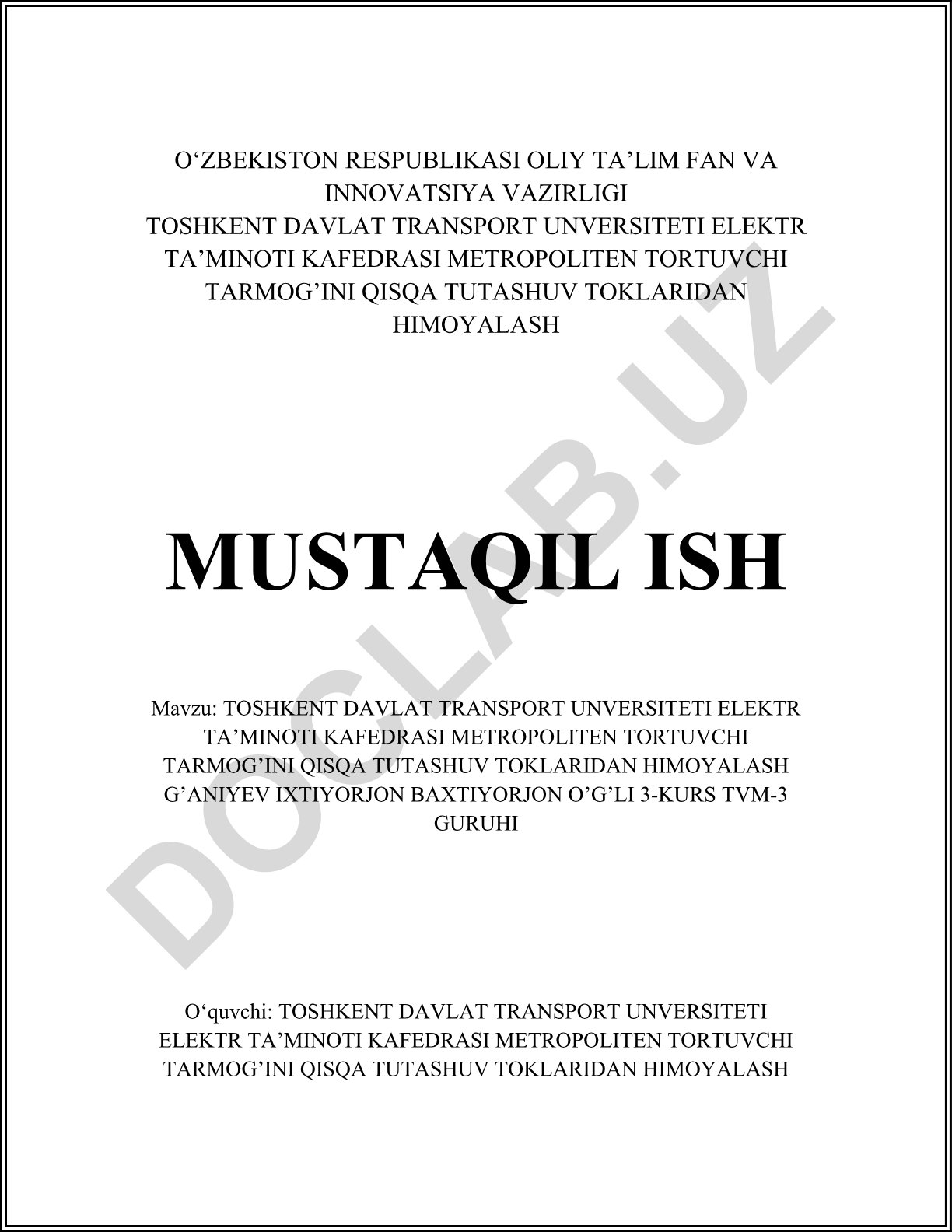 Metropoliten tortuvchi tarmog'ini qisqa tutashuv toklaridan himoyalash