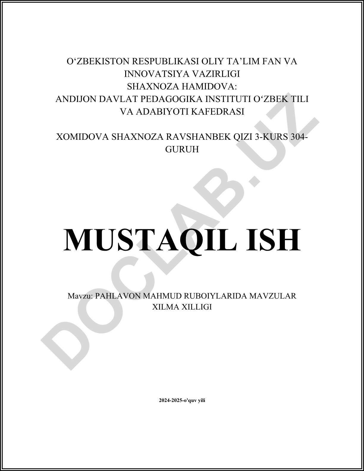 Pahlavon Mahmud ruboiylarida mavzular xilma xilligi