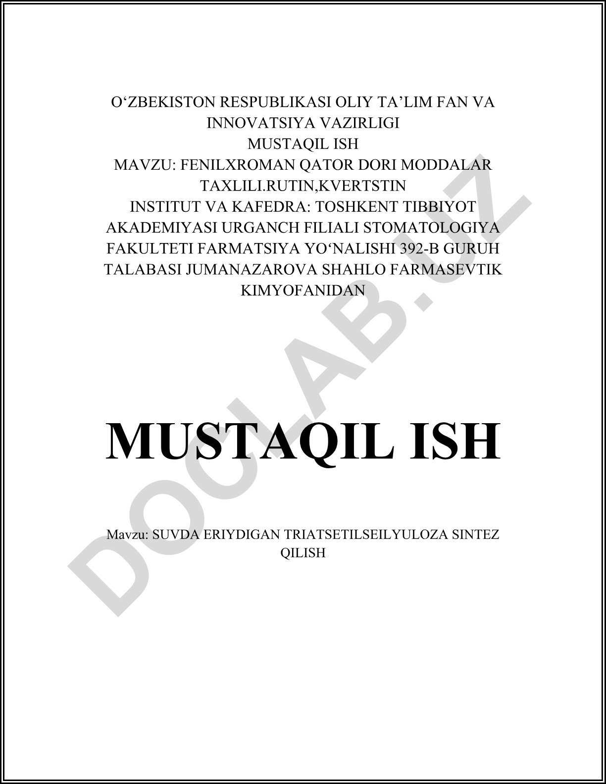 Suvda eriydigan triatsetilselüloza sintez qilish