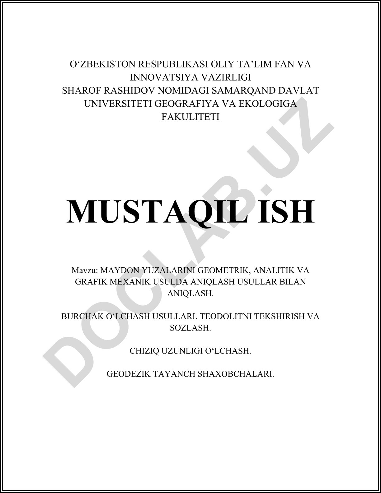 Maydon yuzalarini geometrik, analitik va grafik mexanik usulda aniqlash usullari bilan aniqlash