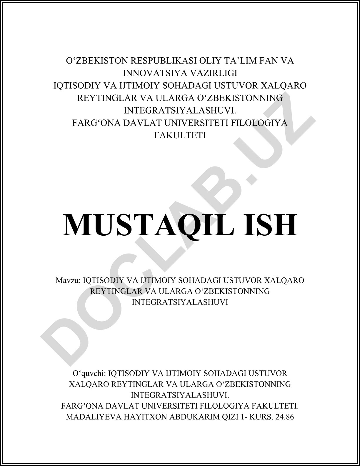 Iqtisodiy va ijtimoiy sohadagi ustuvor xalqaro reytinglar va ularga Oʻzbekistonning integratsiyalashuvi
