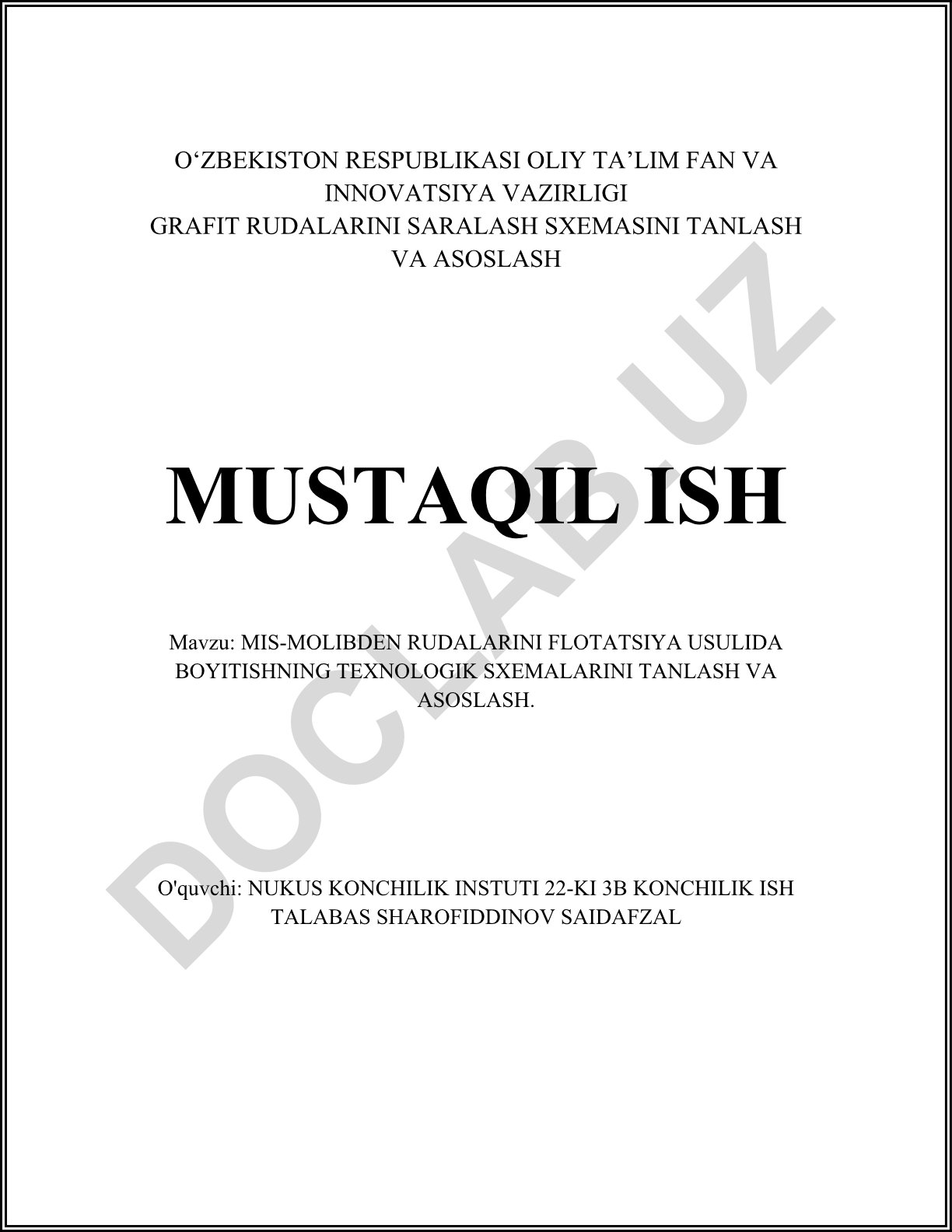 Mis-molibden rudalarini flotatsiya usulida boyitishning texnologik sxemalarini tanlash va asoslash