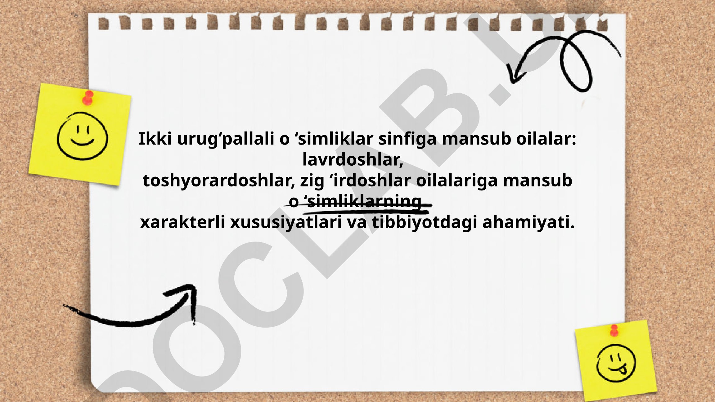 Ikki urug‘pallali o‘simliklar sinfiga mansub lavrdoshlar, toshyorardoshlar, zig‘irdoshlar oilalarining xususiyatlari va tibbiy ahamiyati