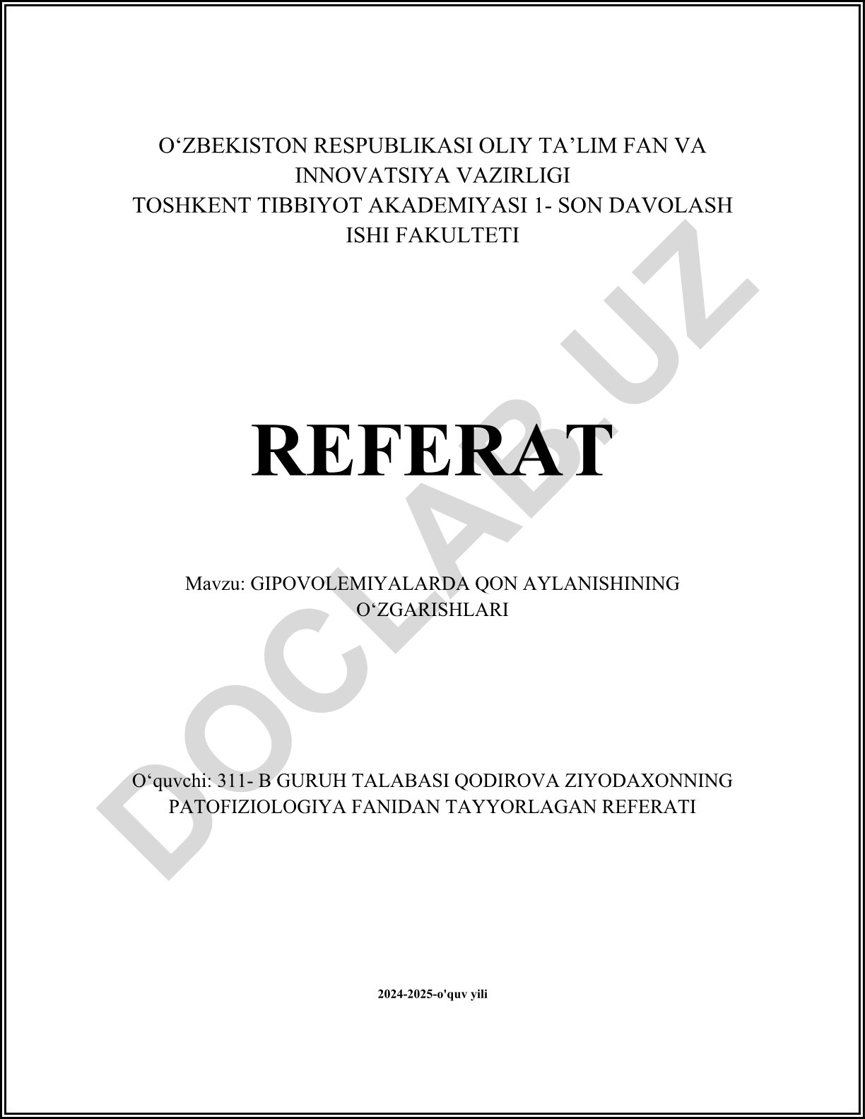 Gipovolemiyalarda qon aylanishining o'zgarishlari