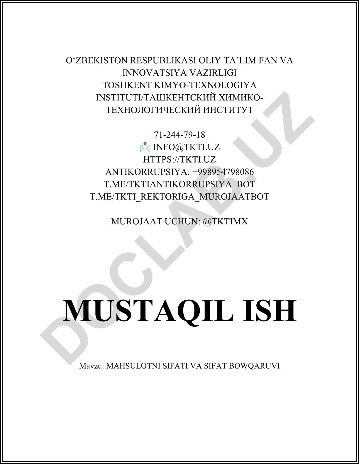 Mahsulotni sifati va sifat boshqaruvi