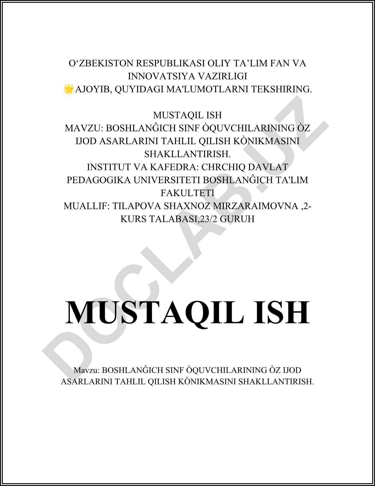 Boshlang'ich sinf o'quvchilarining o'z ijod asarlarini tahlil qilish ko'nikmasini shakllantirish