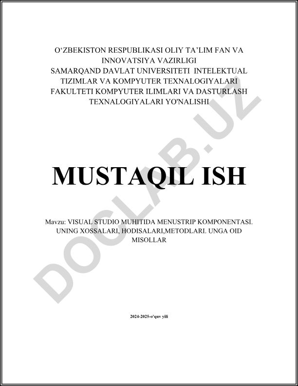 Visual Studio muhitida MenuStrip komponentasi. Xossalari, hodisalari, metodlari va misollar