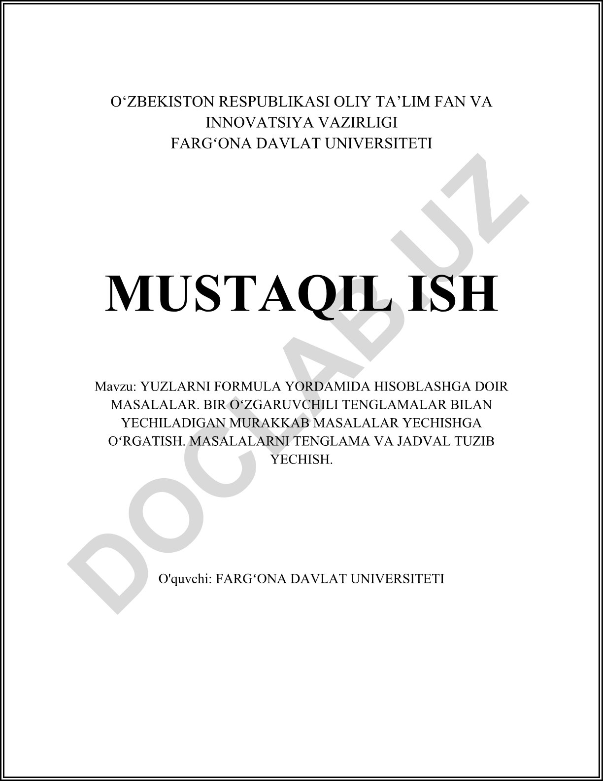 Yuzlarni formula yordamida hisoblashga doir masalalar va bir o'zgaruvchili tenglamalar