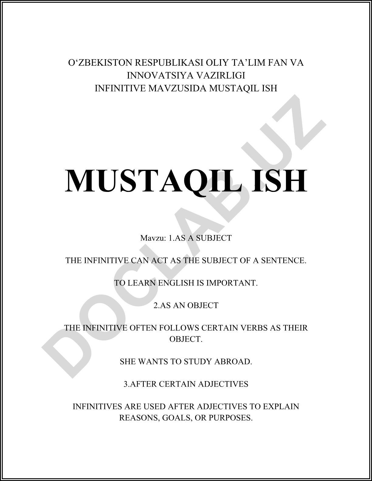 Infinitivning o'zbek va ingliz tillarida qo'llanilishi