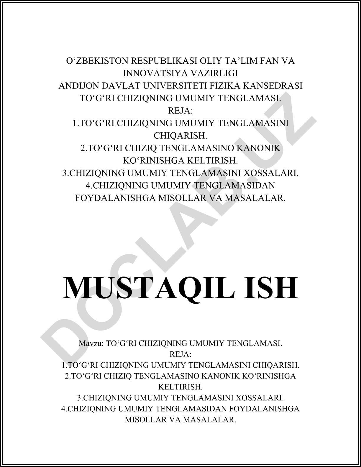 To'g'ri chiziqning umumiy tenglamasi